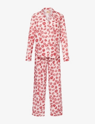 Desmond And Dempsey Floral-print Long-sleeve Cotton Pyjama Set In Pink/red