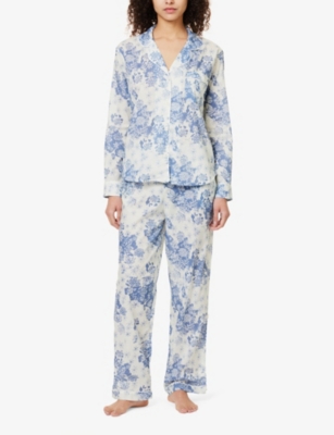 Shop Desmond And Dempsey Women's Blue Floral-print Long-sleeve Cotton Pyjama Set