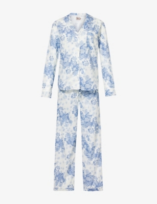 Shop Desmond And Dempsey Women's Blue Floral-print Long-sleeve Cotton Pyjama Set