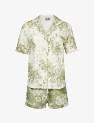 Shop Desmond And Dempsey Women's Sage & Green Graphic-print Short Linen Pyjama Set