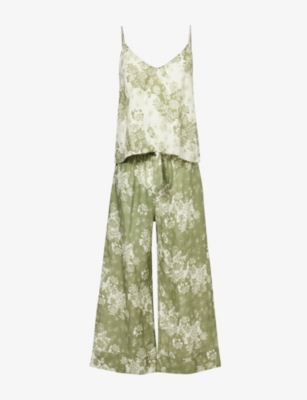 Shop Desmond And Dempsey Women's Sage & Green Floral-print Wide-leg Linen Pyjama Set