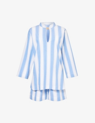Desmond And Dempsey Womens Blue Stripe-print Boat-collar Stretch-cotton Pyjama Set