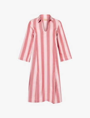 Desmond And Dempsey Stripe-print V-neck Cotton-canvas Kaftan In Pink/red