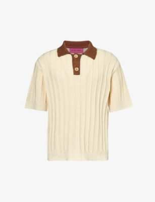 Shop The Elder Statesman Men's Natural/cinnamon Contrast-trim Relaxed-fit Cotton-knit Polo Shirt