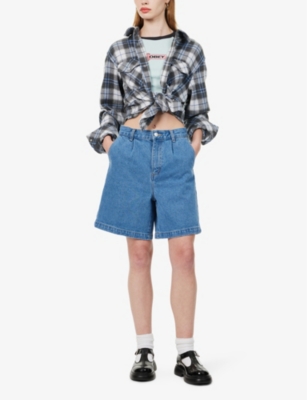 Obey Womens Light Indigo Eli Pleated Denim Shorts In Light Indigo
