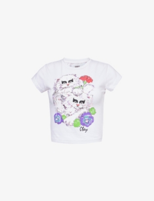 Shop Obey Women's White Carnation Kittens Slim-fit Stretch-cotton Jersey Top
