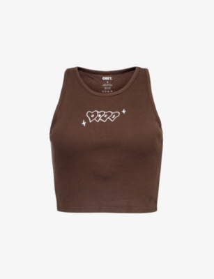 Shop Obey Womens Dark Brown Hearts Slim-fit Cotton-jersey Top