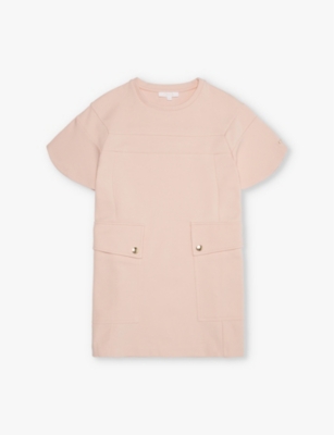 Chloé Chloe Girls Pink Washed Pink Kids Button-pocket Round-neck Woven-blend Dress 4-14 Years In Pink  Washed Pink