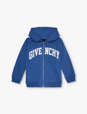 Shop Givenchy Curved Logo-print Zip-up Cotton-blend Hoody 4-12+ Y In Blue