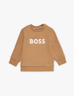 Hugo Boss Babies' Cookie Logo-print Crew-neck Stretch-cotton Sweatshirt 6-36 M In Brown