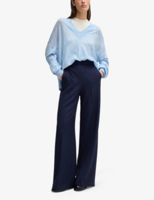 Hugo Boss Floral Knitted Jacquard V-neck Sweater In Light/pastel Blue