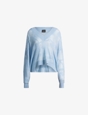 Hugo Boss Floral Knitted Jacquard V-neck Sweater In Light/pastel Blue
