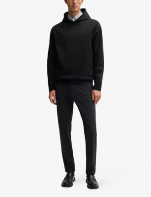 Hugo Boss Mens Black Logo-embroidered Pinstriped Cotton-blend Hoody Xxl In Black