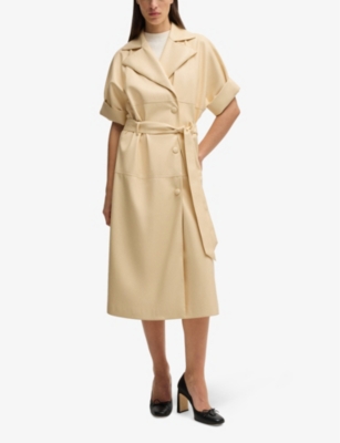 HUGO BOSS WOMENS BOSS DOUBLE-BREASTED TIE-WAIST FAUX-LEATHER MIDI DRESS 