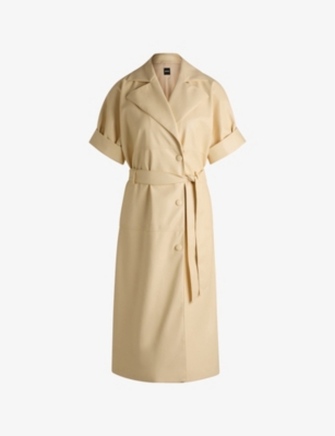 HUGO BOSS WOMENS BOSS DOUBLE-BREASTED TIE-WAIST FAUX-LEATHER MIDI DRESS 