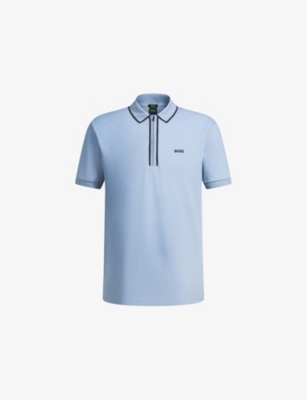 Hugo Boss Mens Open Blue Branded Short-sleeved Stretch-cotton Polo Shirt In Blue