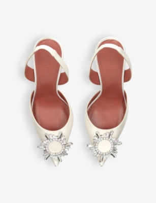 Amina Muaddi Begum Sling 70 Crystal Embellished White Leather Pumps