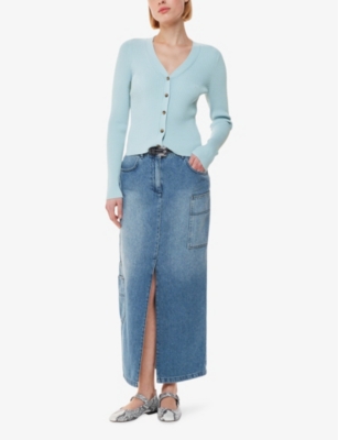 Whistles Womens Blue V-neck Slim-fit Ribbed Knitted Cardigan In Blue