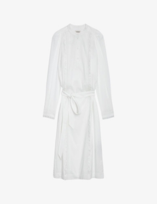 Shop Zadig & Voltaire Zadig&voltaire Women's Blanc Ritchil Ruffle-panel Long-sleeve Cotton Midi Dress