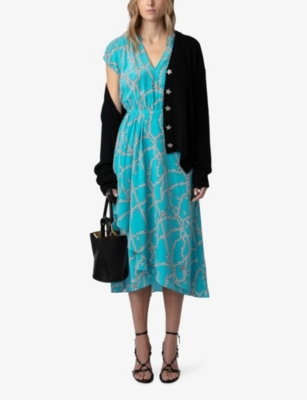 Shop Zadig & Voltaire Zadig&voltaire Women's Aqua Randall Chain-print V-neck Silk Midi Dress