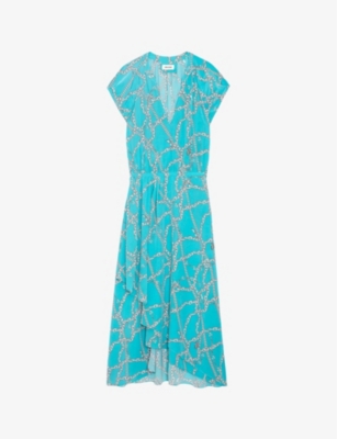 Shop Zadig & Voltaire Zadig&voltaire Women's Aqua Randall Chain-print V-neck Silk Midi Dress