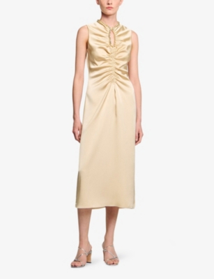 SANDRO: Rhinestone-embellished ruched satin midi dress