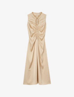 SANDRO: Rhinestone-embellished ruched satin midi dress