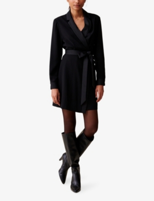 Claudie Pierlot Womens  Lapel-collar Tie-waist Woven Mini Dress In Noir / Gris