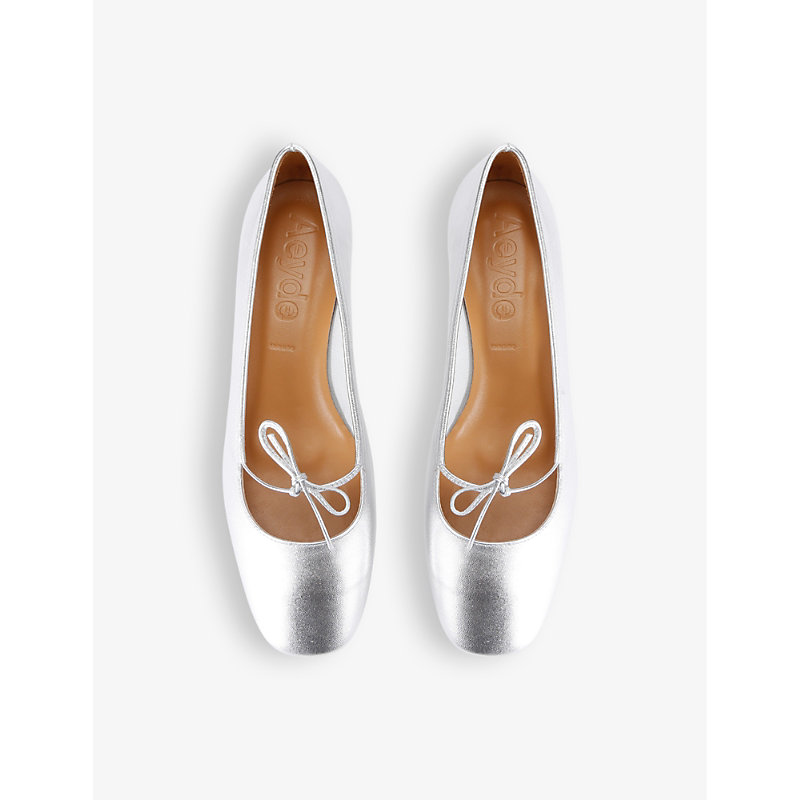 Shop Aeyde Women's Silver Darya Bow-embellished Metallic-leather Heeled Courts