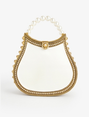 Shop Mae Cassidy White/crystal/gold Nimmi Pearl Gold-plated Metal Top-handle Bag