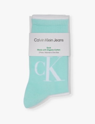 Calvin Klein Womens Brand-print Ankle-rise Pack Of Two Stretch-cotton Blend Socks In Blue
