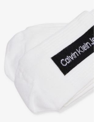 Shop Calvin Klein Womens White/black Brand-print Mid-calf Pack Of Two Stretch Cotton-blend Knitted Socks