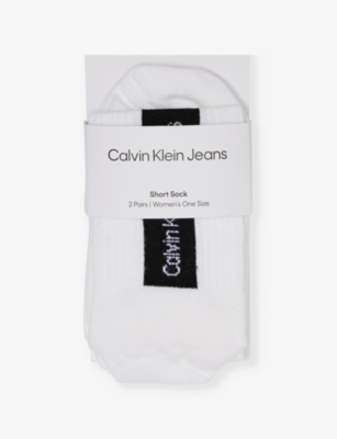 Shop Calvin Klein Womens White/black Brand-print Mid-calf Pack Of Two Stretch Cotton-blend Knitted Socks