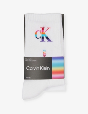 Calvin Klein Womens Pride Mid-calf Pack Of Two Stretch Cotton-blend Knitted Socks In White