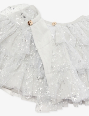 Bob & Blossom Polka-dot Ruffled Woven Cape In Silver