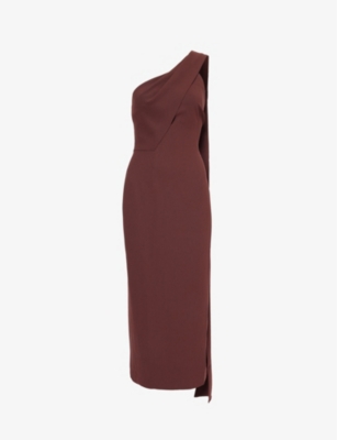 Roland Mouret Womens Brown Asymmetric-neck Slim-fit Woven Midi Dress