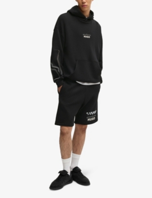 Hugo Boss Mens Black Branded-print Kangaroo-pocket Cotton-jersey Hoody In Black