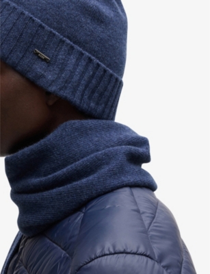 HUGO BOSS MENS DARK BLUE BRANDED WOOL-BLEND SCARF AND BEANIE HAT SET
