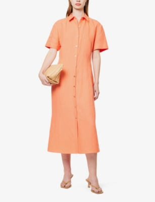 Shop Theory Womens Bright Coral Collar Linen Midi Dress