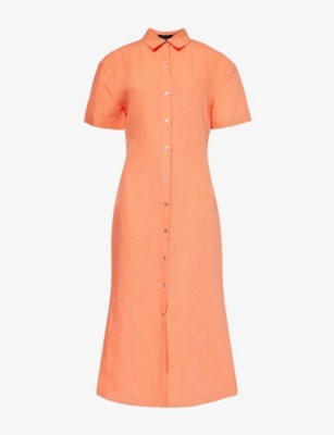 Shop Theory Womens Bright Coral Collar Linen Midi Dress