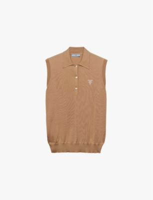 PRADA: Brand-intarsia sleeveless silk-knit polo shirt