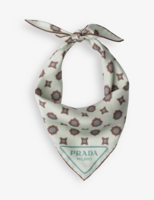 Shop Prada Womens Green Floral-print Branded Silk Scarf