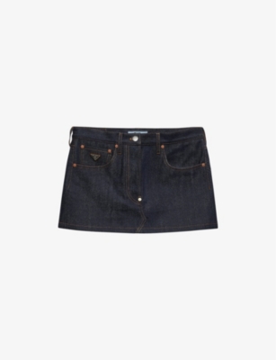 PRADA: Brand-plaque low-rise denim mini skirt