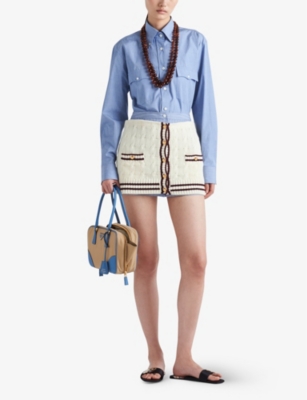 Shop Prada Womens  Striped Patch-pocket Cotton Mini Skirt In Blue