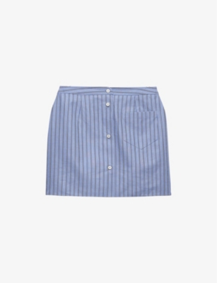 Shop Prada Womens  Striped Patch-pocket Cotton Mini Skirt In Blue