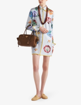 PRADA: Floral-print long-sleeve silk-twill mini dress