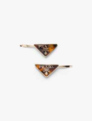 PRADA: Logo-plaque gold-toned metal hair clips set of two