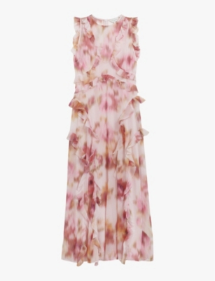 TED BAKER: Hisako floral-print ruffle woven midi dress