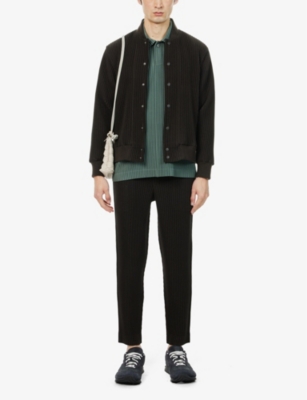 ISSEY MIYAKE NS BROWN KERSEY PLEATS TWO-SLIP-POCKETS STRAIGHT-LEG REGULAR-FIT KNITTED TROUSERS 