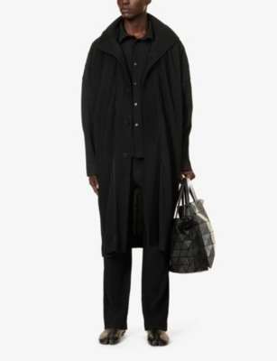 Shop Issey Miyake Ns Black Pleated Funnel-neck Knitted Coat Xs